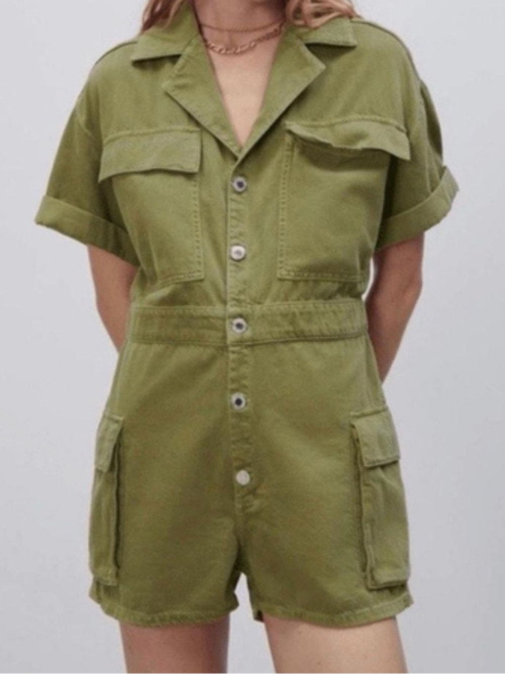 Zara Olive Short Sleeve Button Front Utility Cargo Romper Size S